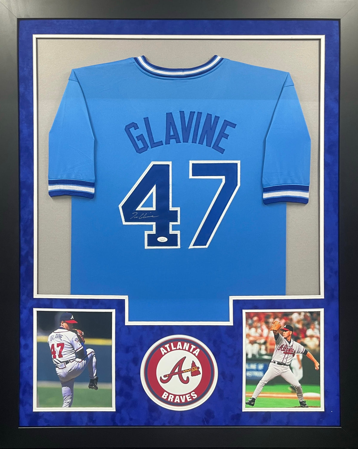 Atlanta Braves Tom Glavine Hand Signed Autographed Custom Blue Jersey Framed & Suede Matted with JSA COA