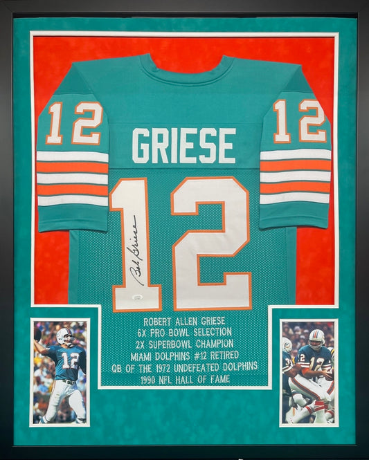 Miami Dolphins Bob Griese Hand Signed Autographed Custom Career Achievements Stat Jersey Framed & Suede Matted with JSA COA