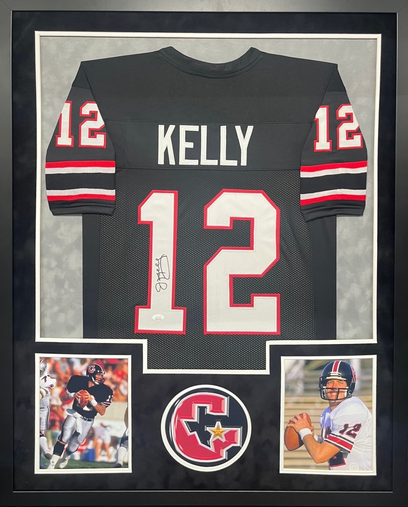 Houston Gamblers Jim Kelly Hand Signed Autographed Custom Black Jersey Framed & Suede Matted with JSA COA