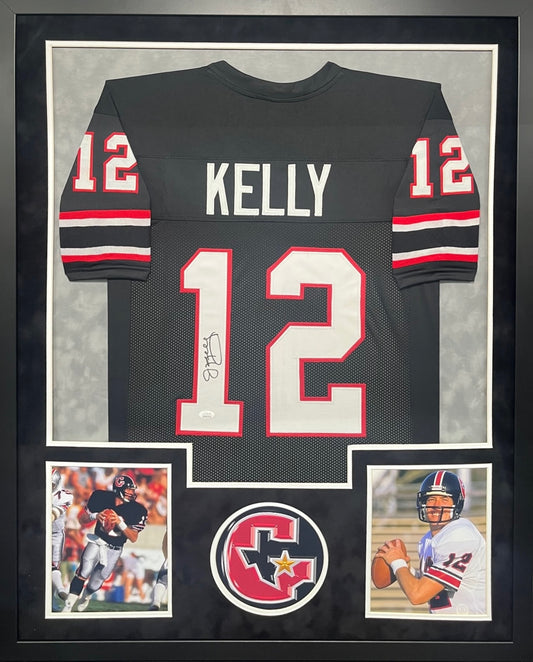 Houston Gamblers Jim Kelly Hand Signed Autographed Custom Black Jersey Framed & Suede Matted with JSA COA