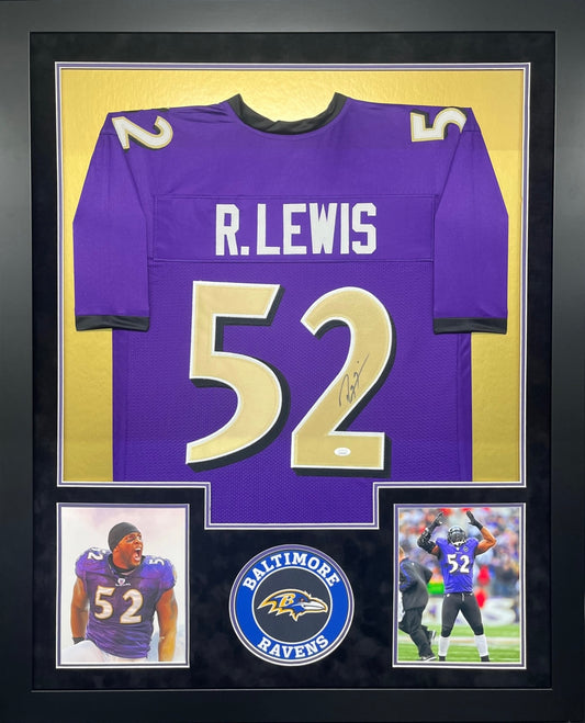 Baltimore Ravens Ray Lewis Hand Signed Autographed Custom Purple Jersey Framed with Suede Matting Includes JSA COA
