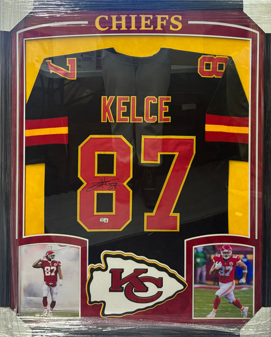 Kansas City Chiefs Travis Kelce Hand Signed Autographed Custom Black Jersey Framed & Suede Matted with 3D Logo & Custom Cutouts with BECKETT COA