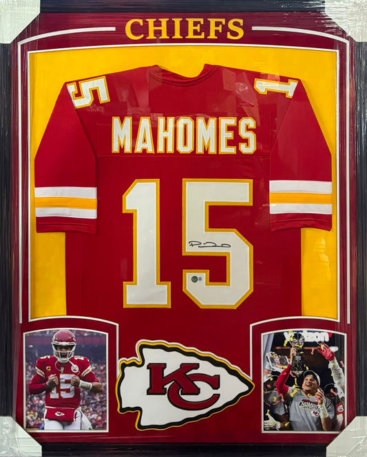 Kansas City Chiefs Patrick Mahomes Hand Signed Autographed Custom Red Jersey Framed & Suede Matted with 3D Logo & Custom Cutouts with BECKETT COA