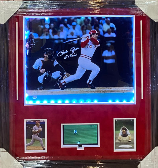 Cincinnati Reds Pete Rose Hand Signed Autographed 16x20 Custom Cadillac Framed & Matted Photo with Hit King Inscription & PSA COA