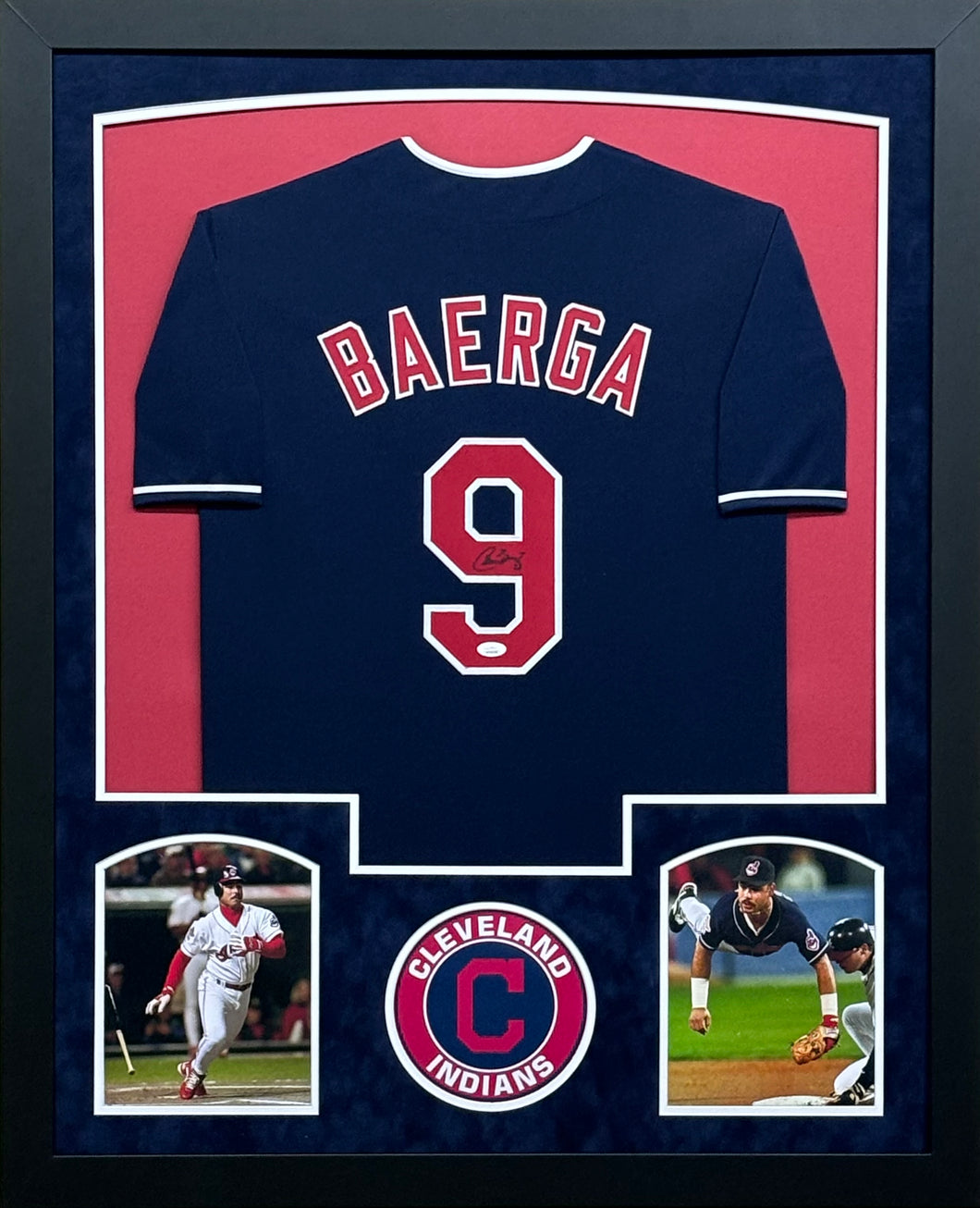 Cleveland Indians Carlos Baerga Signed Blue Jersey Framed & Suede Matted with JSA COA