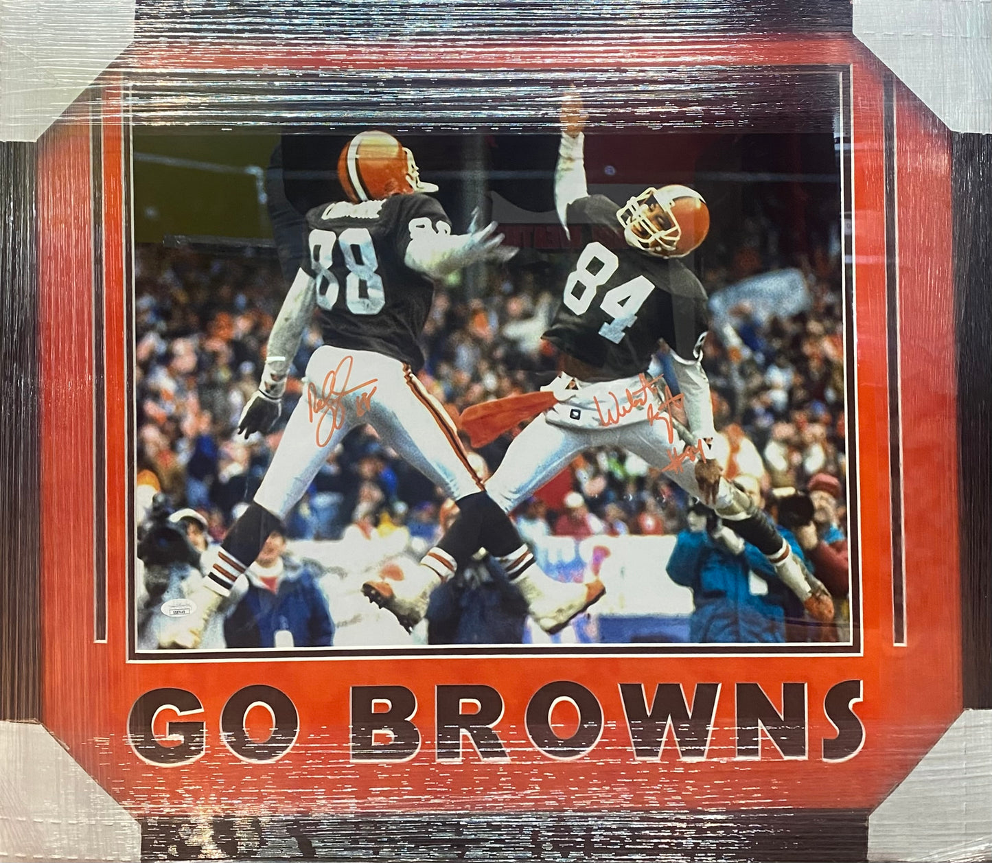 Cleveland Browns Dual Hand Signed Autographed (In Orange) 16x20 Photo GO BROWNS Framed & Suede Matted with JSA COA