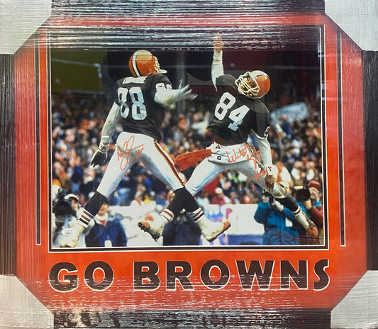 Cleveland Browns Dual Hand Signed Autographed (In Orange) 16x20 Photo GO BROWNS Framed & Suede Matted with JSA COA