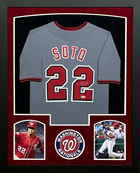 Washington Nationals Juan Soto Hand Signed Autographed Custom Gray Jersey Framed & Suede Matted with BECKETT COA