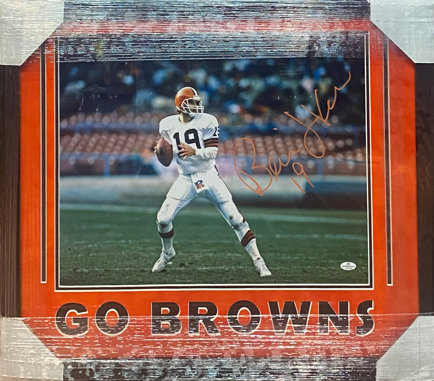 Cleveland Browns Bernie Kosar Hand Signed Autographed 16x20 Photo GO BROWNS Framed & Suede Matted with COA