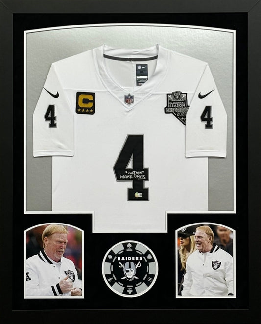Las Vegas Raiders Owner Mark Davis Hand Signed Autographed Authentic White Jersey with "Just Win" Inscription Framed & Suede Matted with BECKETT COA