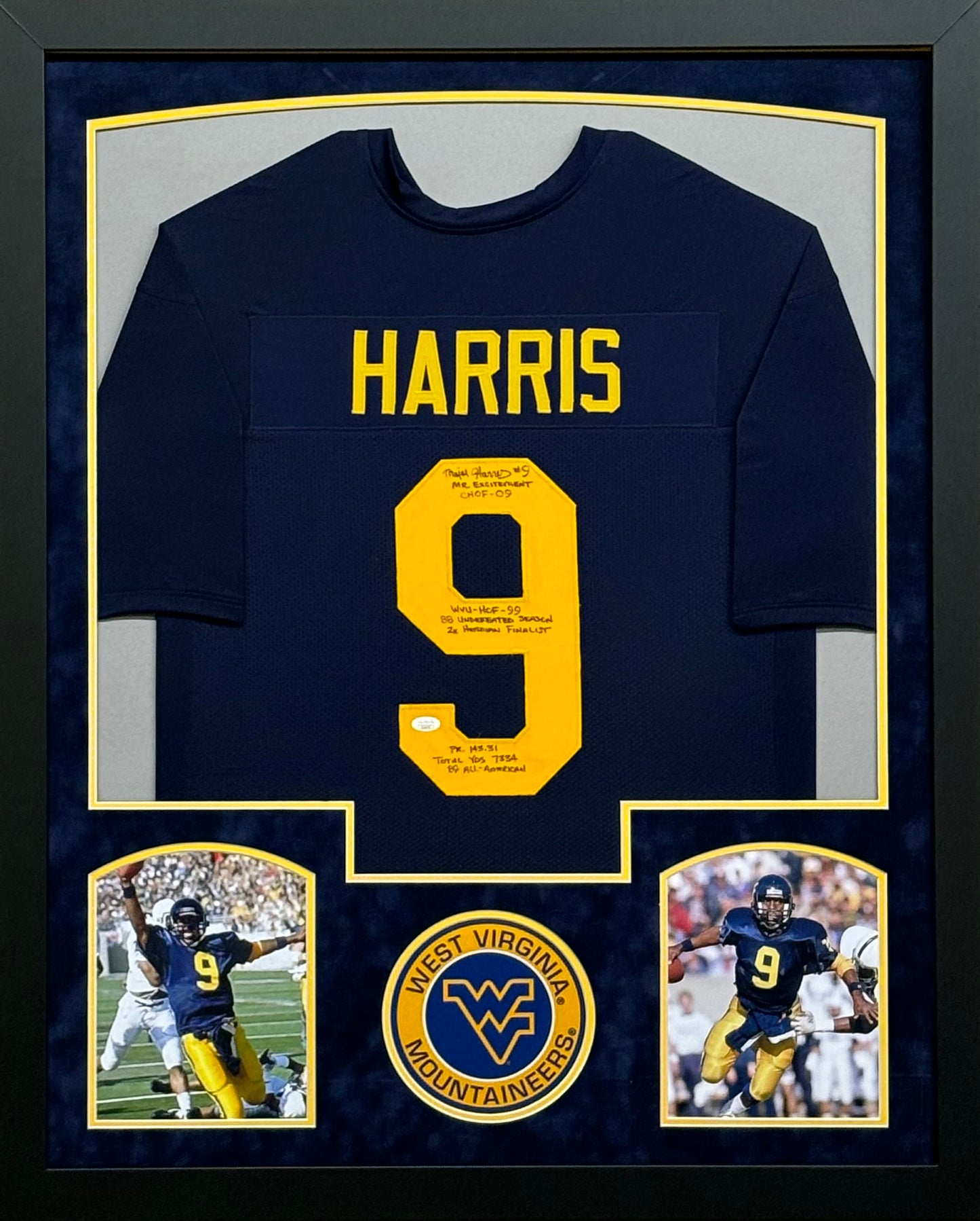West Virginia Mountaineers Major Harris Hand Signed Autographed Custom Blue Jersey with Multiple Inscriptions Framed & Suede Matted with JSA COA