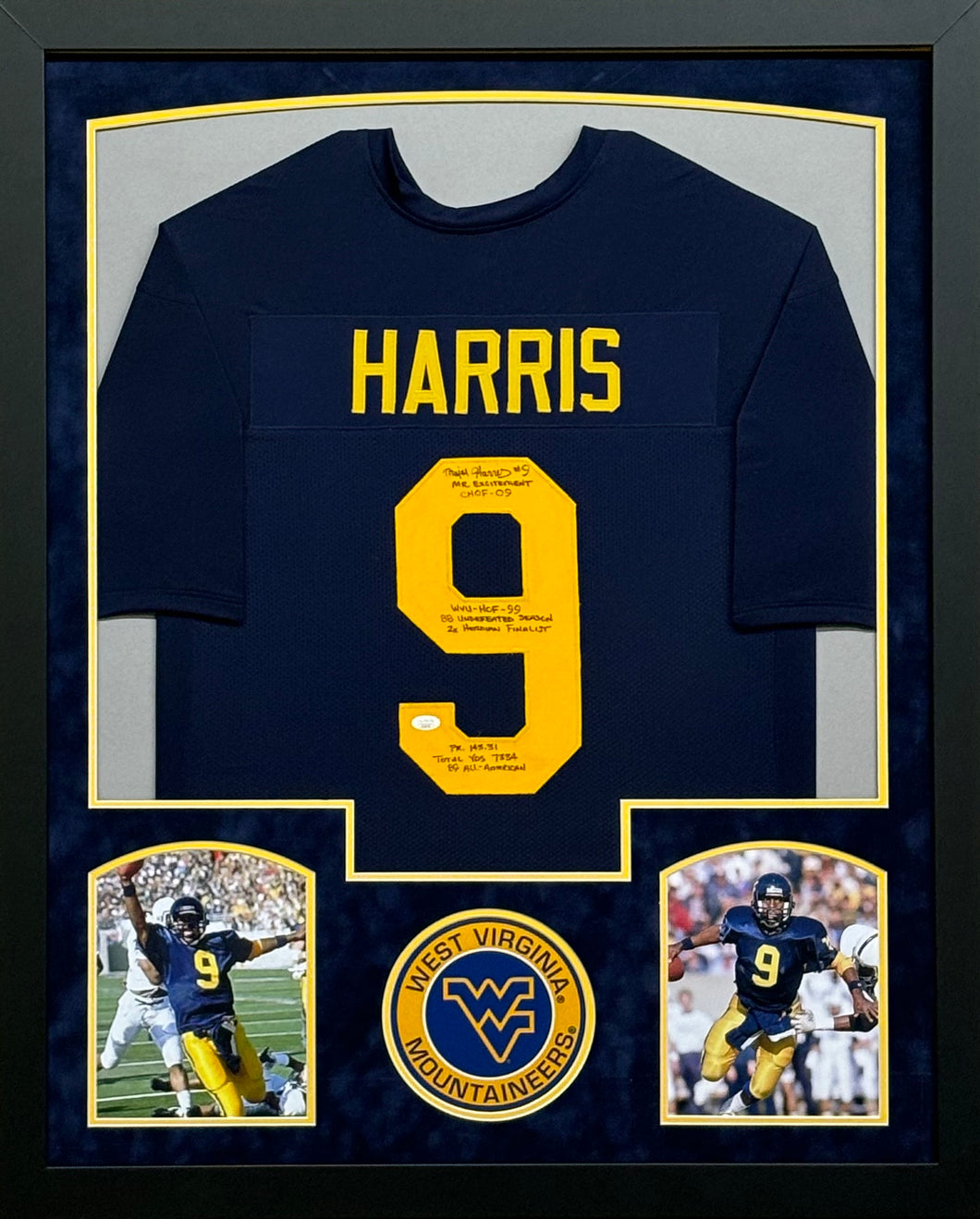 West Virginia Mountaineers Major Harris Signed Blue Jersey with Multiple Inscriptions Framed & Suede Matted with JSA COA
