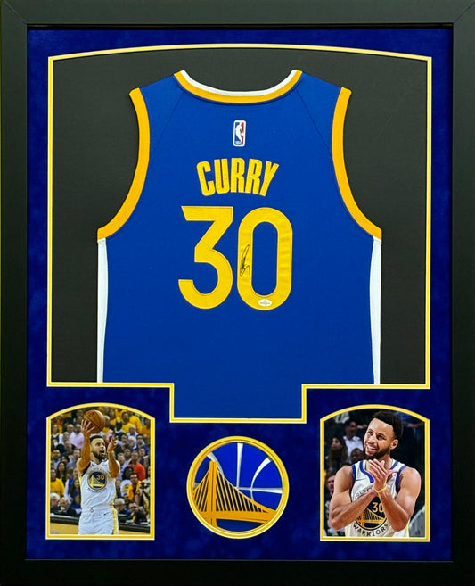 Golden State Warriors Stephen Curry Hand Signed Autographed Authentic Blue Jersey Framed & Suede Matted with COA