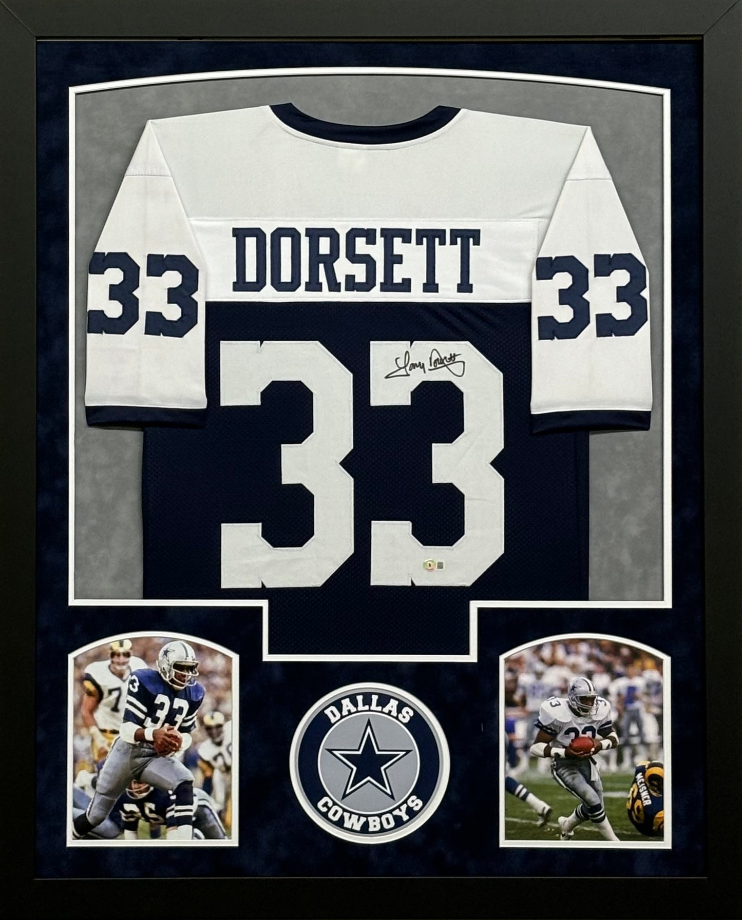 Dallas Cowboys Tony Dorsett Hand Signed Autographed Blue Jersey Framed & Suede Matted with BECKETT COA