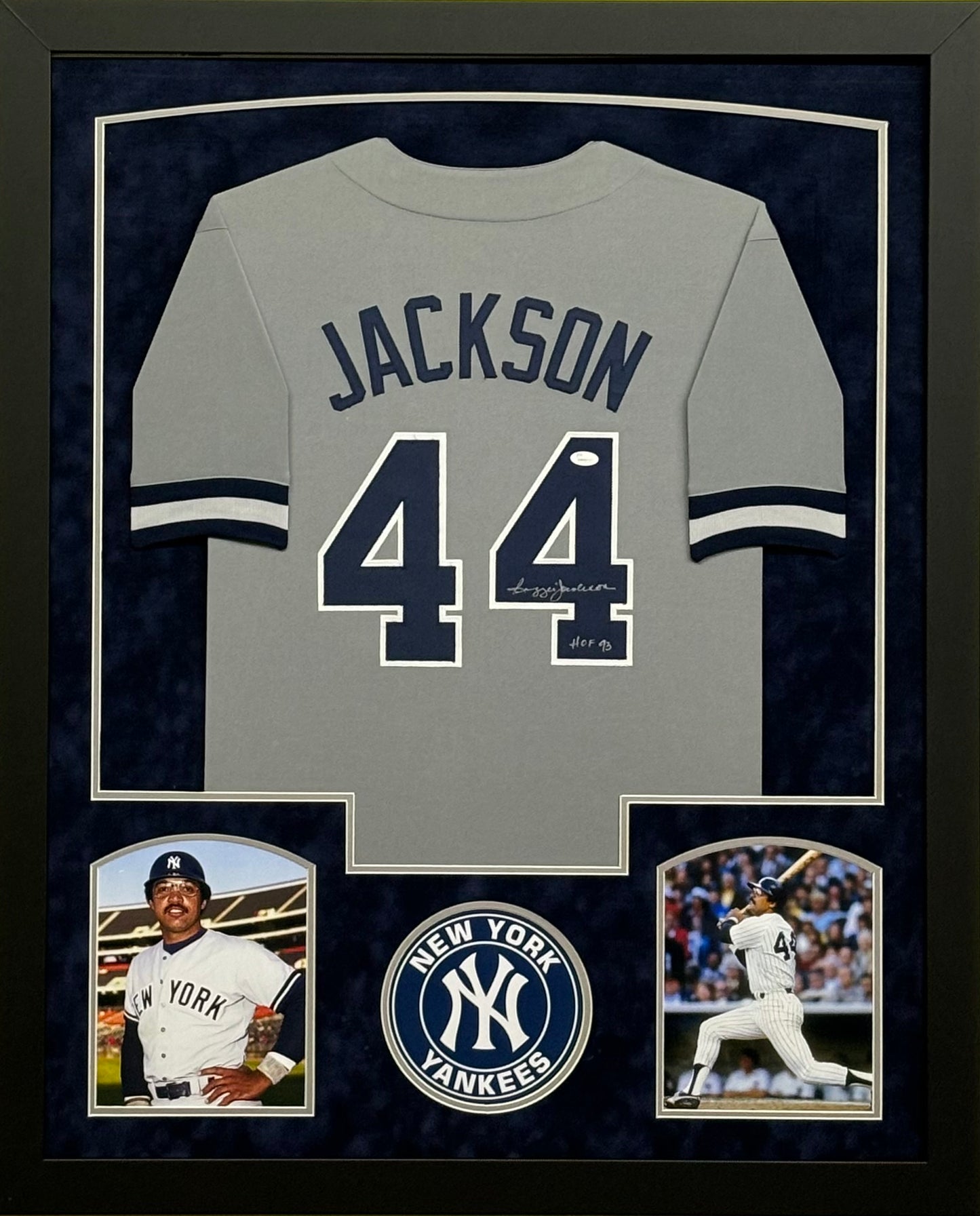 New York Yankees Reggie Jackson Hand Signed Autographed Custom Gray Jersey with HOF 93 Inscription Framed & Suede Matted with JSA COA