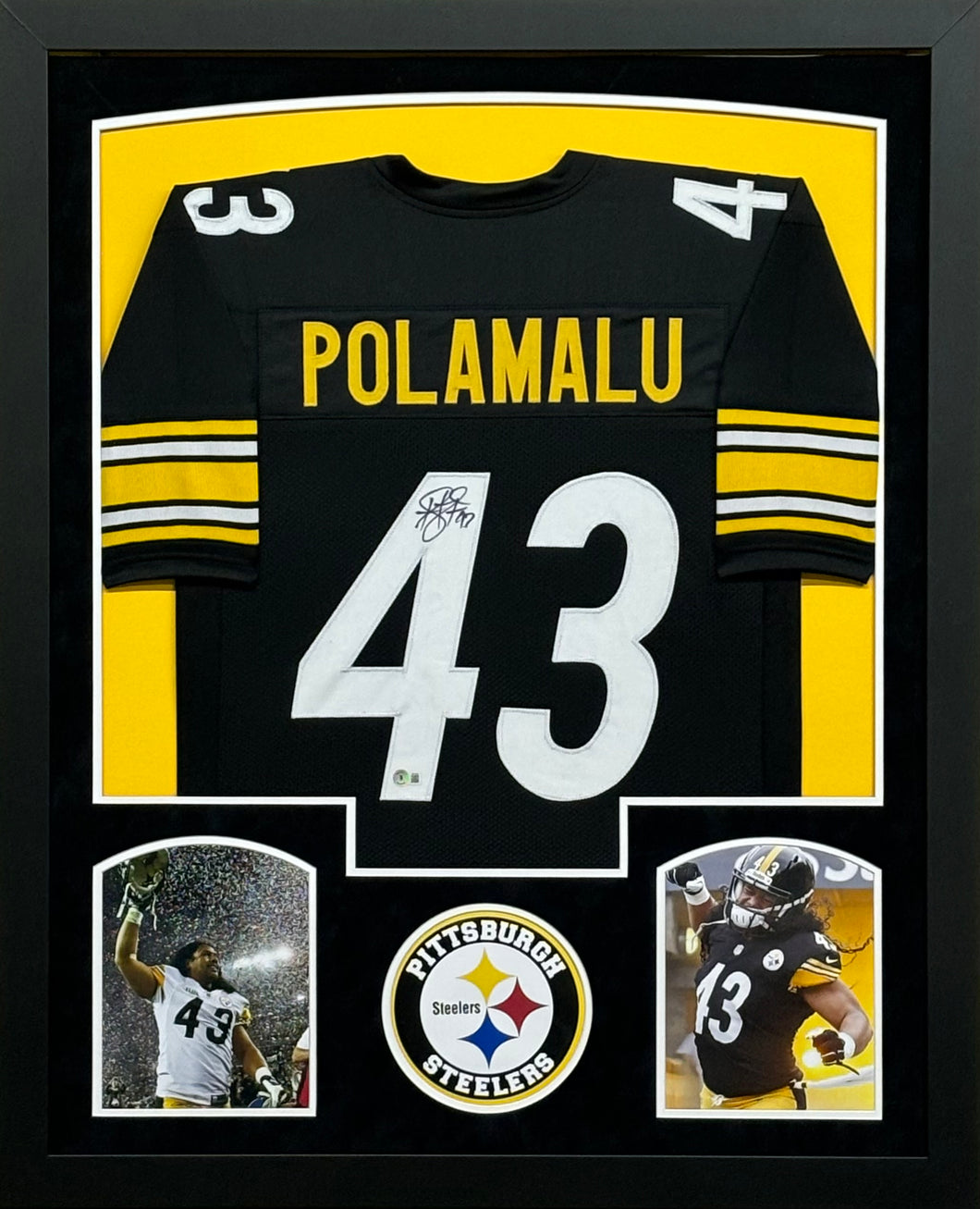Pittsburgh Steelers Troy Polamalu Signed Black Jersey Framed & Suede Matted with BECKETT COA