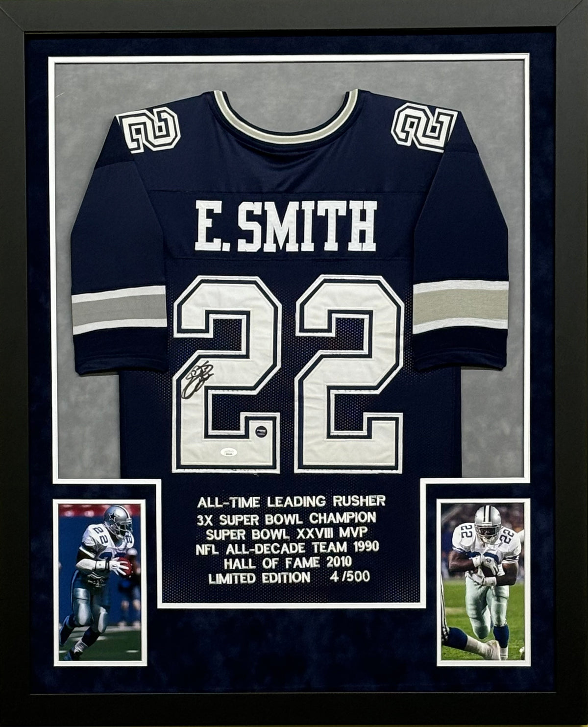 Dallas Cowboys Emmitt Smith Hand Signed Autographed Blue Career Achievements Stat Jersey Framed & Suede Matted with JSA COA