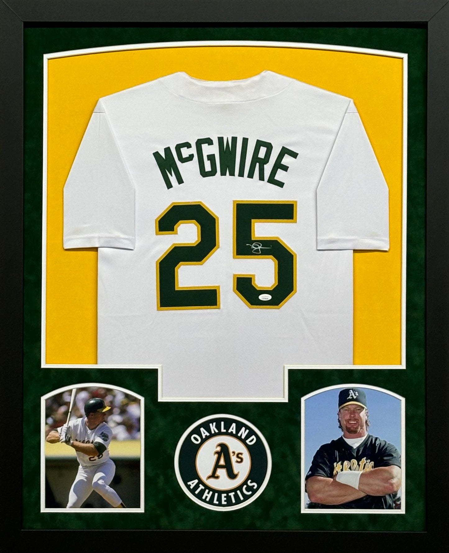 Oakland Athletics Mark McGwire Hand Signed Autographed Custom White Jersey Framed & Suede Matted with JSA COA