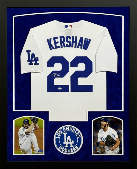 Los Angeles Dodgers Clayton Kershaw Hand Signed Autographed Authentic White Jersey Framed & Suede Matted with COA