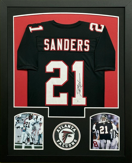 Atlanta Falcons Deion Sanders Hand Signed Autographed Custom Black Jersey Framed with Matting Includes Beckett COA