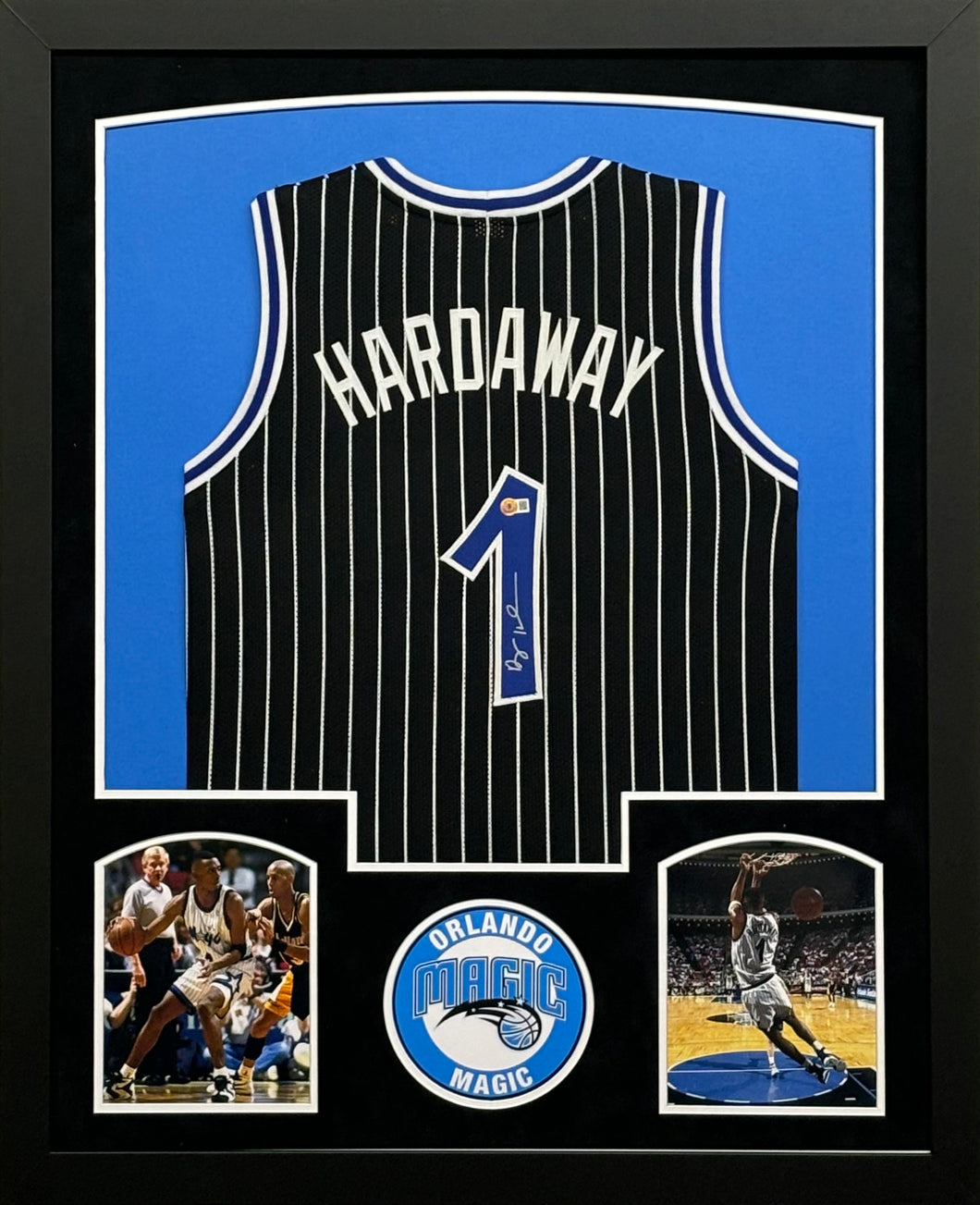 Orlando Magic Penny Hardaway Signed Black Jersey Framed & Suede Matted with BECKETT COA