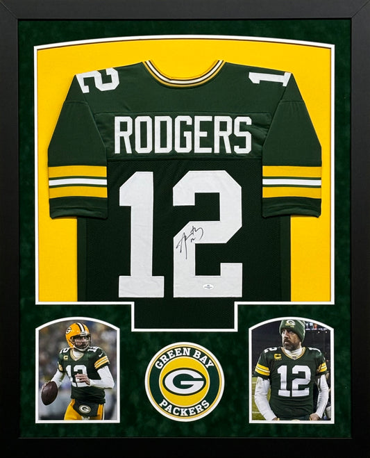 Green Bay Packers Aaron Rodgers Hand Signed Autographed Custom Green Jersey Framed & Suede Matted with COA