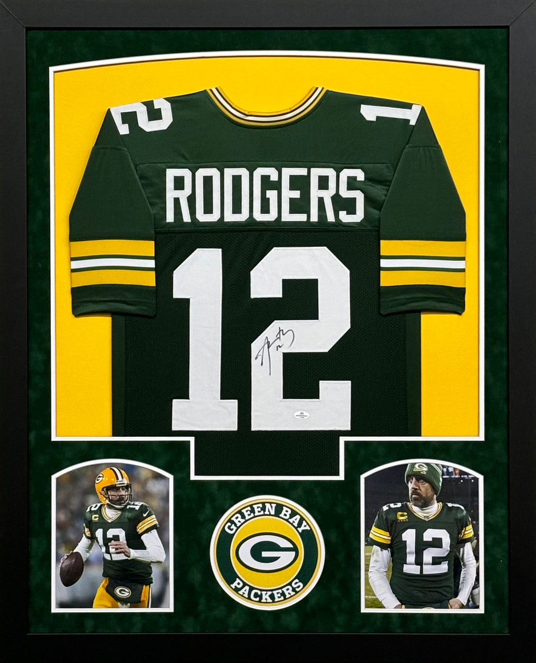 Green Bay Packers Aaron Rodgers Signed Green Jersey Framed & Suede Matted with COA