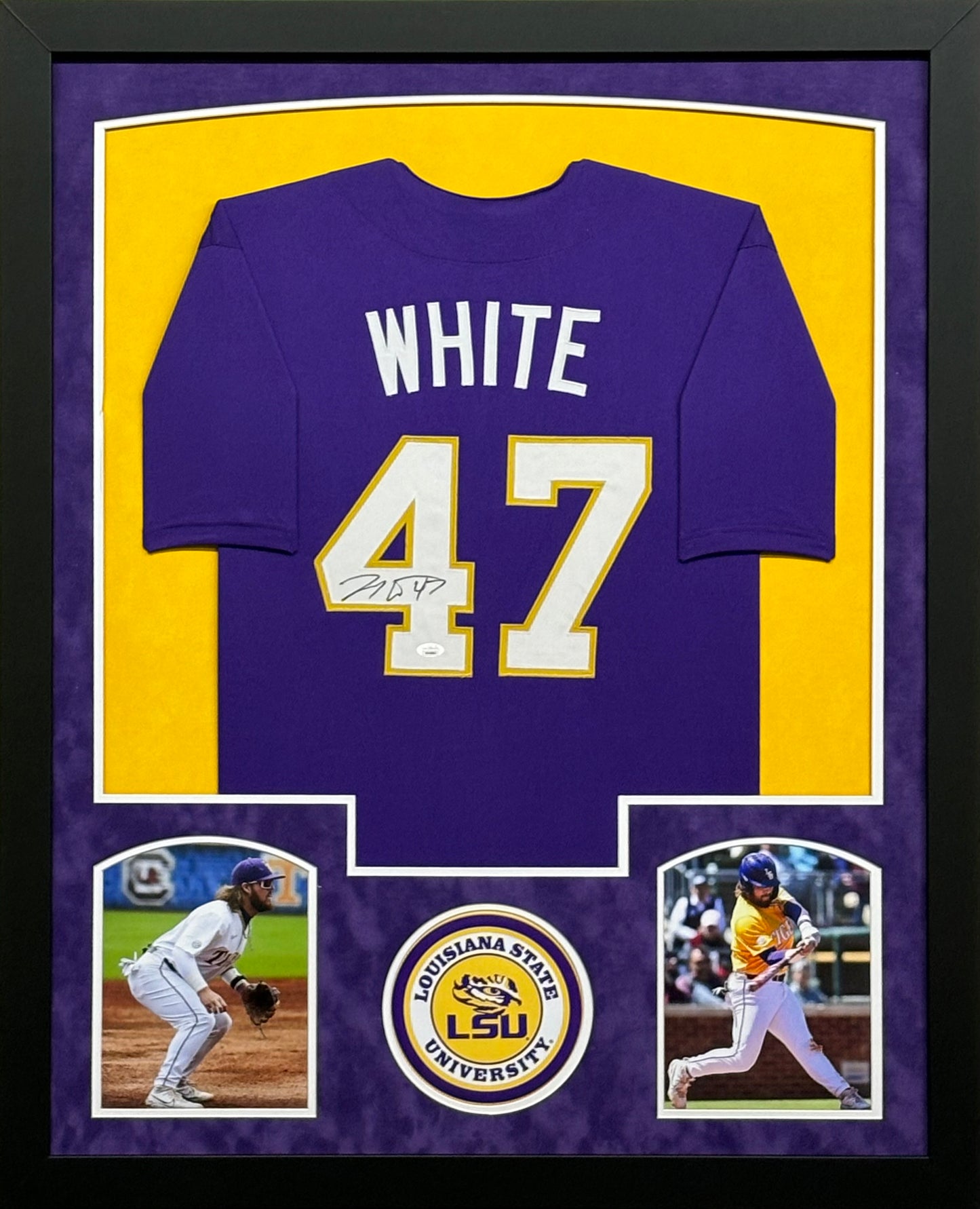 Louisiana State University Tigers Tommy White Hand Signed Autographed Purple Jersey Framed & Suede Matted with JSA COA