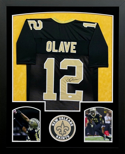 New Orleans Saints Chris Olave Hand Signed Autographed Custom Black Jersey Framed & Suede Matted with JSA COA