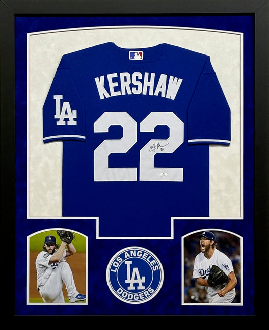 Los Angeles Dodgers Clayton Kershaw Hand Signed Autographed Authentic Blue Jersey Framed & Double Suede Matted with COA