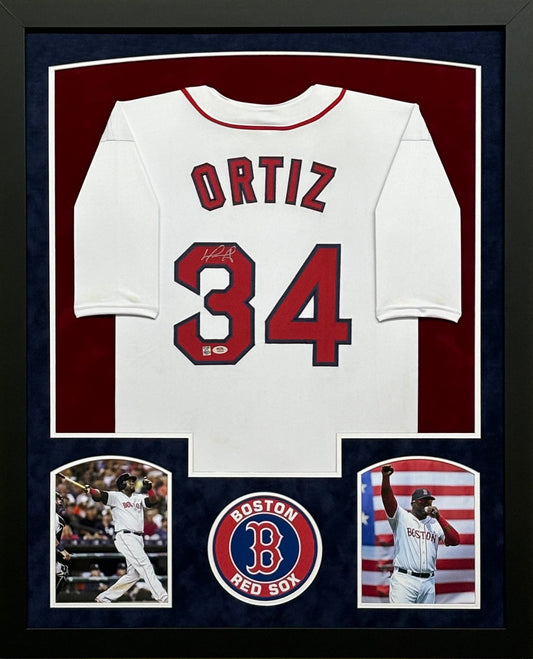 Boston Red Sox David Ortiz Hand Signed Autographed Custom White Jersey Framed & Double Suede Matted with PSA COA