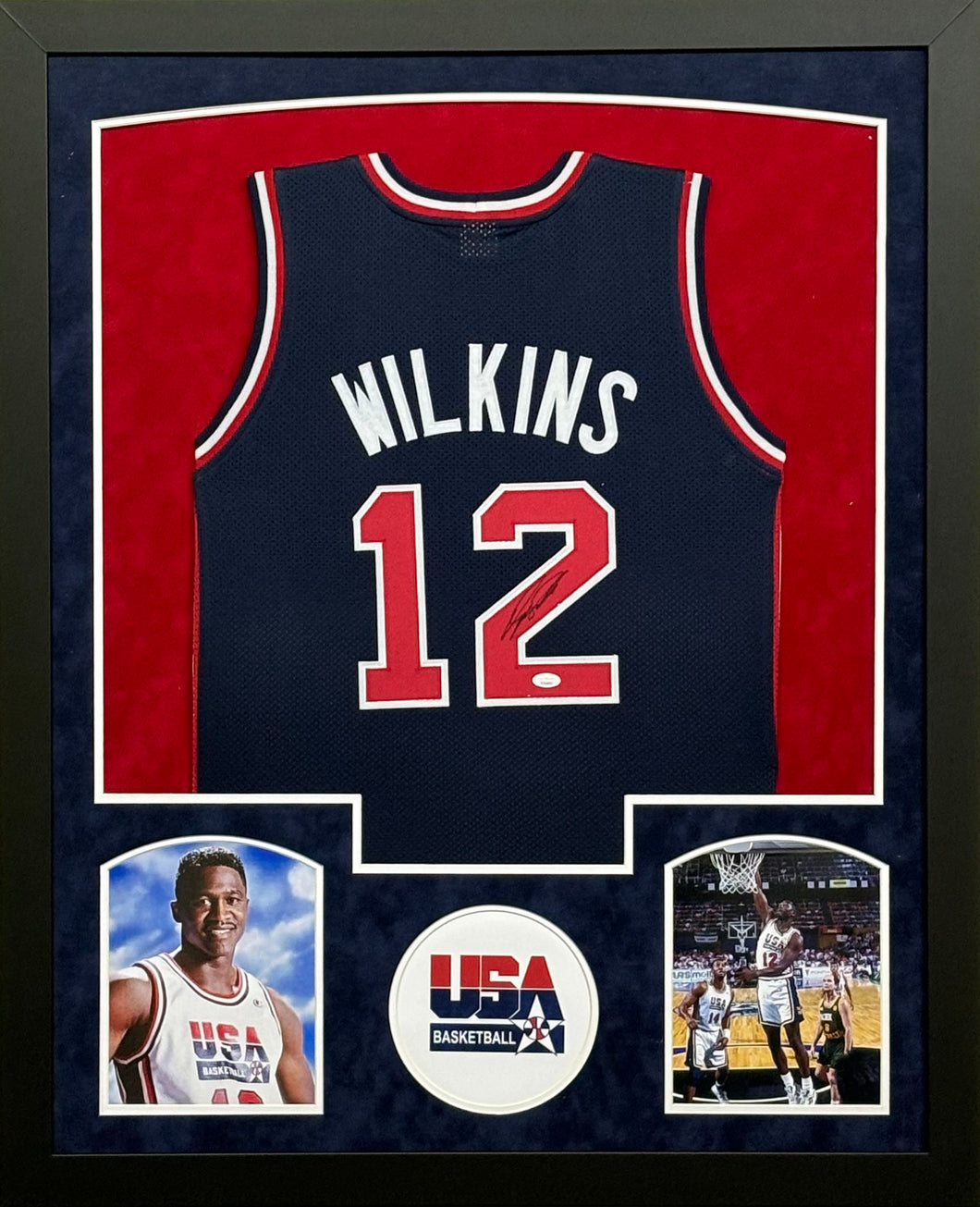 Atlanta Hawks Dominique Wilkins Signed Team USA Jersey Framed & Suede Matted with JSA COA