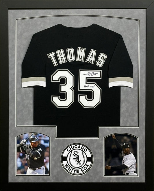 Chicago White Sox Frank Thomas Hand Signed Autographed Custom Black Jersey with HOF 2014 Inscription Framed & Double Suede Matted with JSA COA