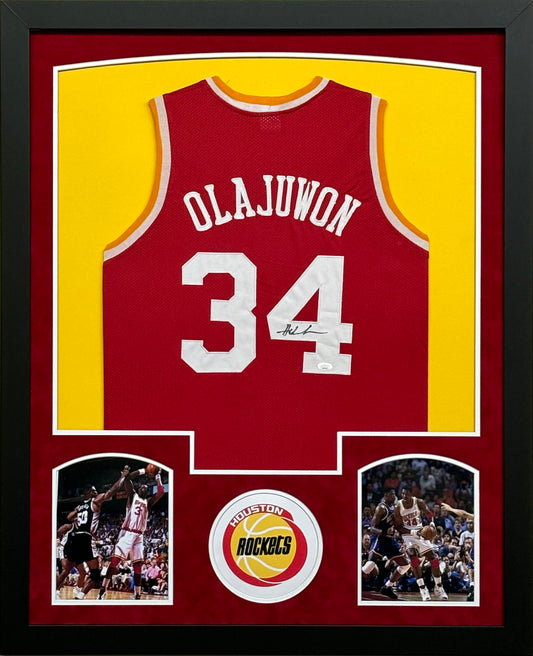 Houston Rockets Hakeem Olajuwon Hand Signed Autographed Custom Red Jersey Framed & Suede Matted with JSA COA