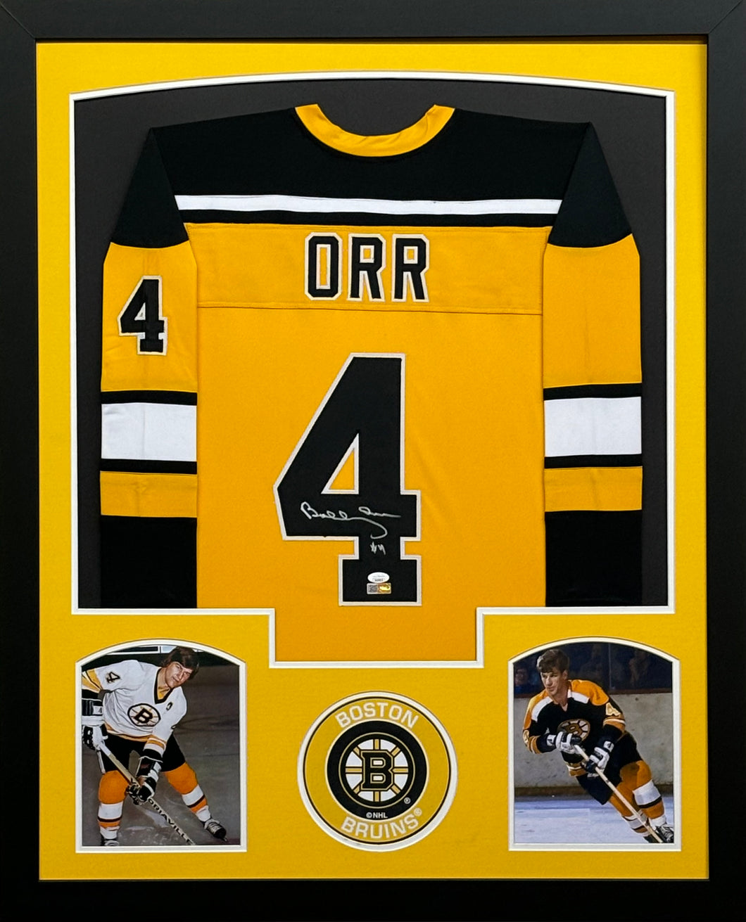 Boston Bruins Bobby Orr Signed Yellow Jersey Framed & Matted with JSA COA