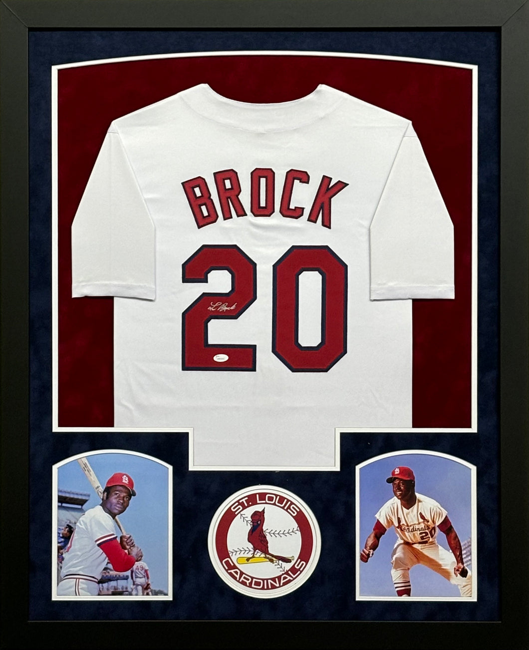 St. Louis Cardinals Lou Brock Signed White Jersey Framed & Suede Matted with JSA COA