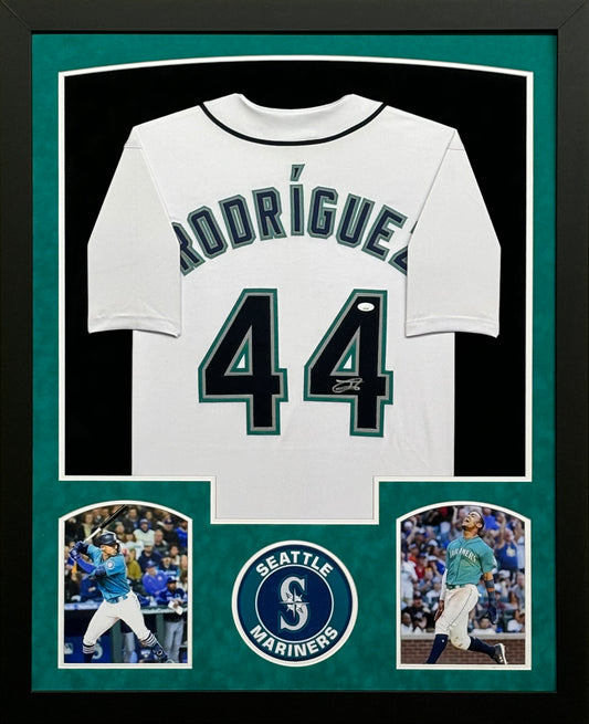 Seattle Mariners Julio Rodriguez Hand Signed Autographed Custom White Jersey Framed & Suede Matted with JSA COA