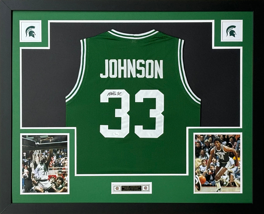 Michigan State University Spartans Magic Johnson Signed Green Jersey Framed & Matted with JSA COA