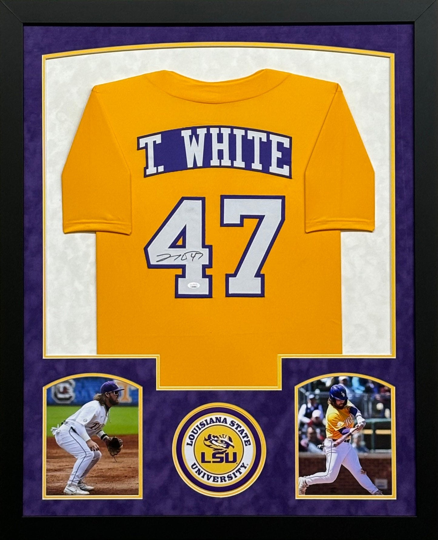 Louisiana State University Tigers Tommy White Hand Signed Autographed Custom Yellow Jersey Framed & Suede Matted with JSA COA