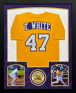 Louisiana State University Tigers Tommy White Signed Yellow Jersey Framed & Suede Matted with JSA COA