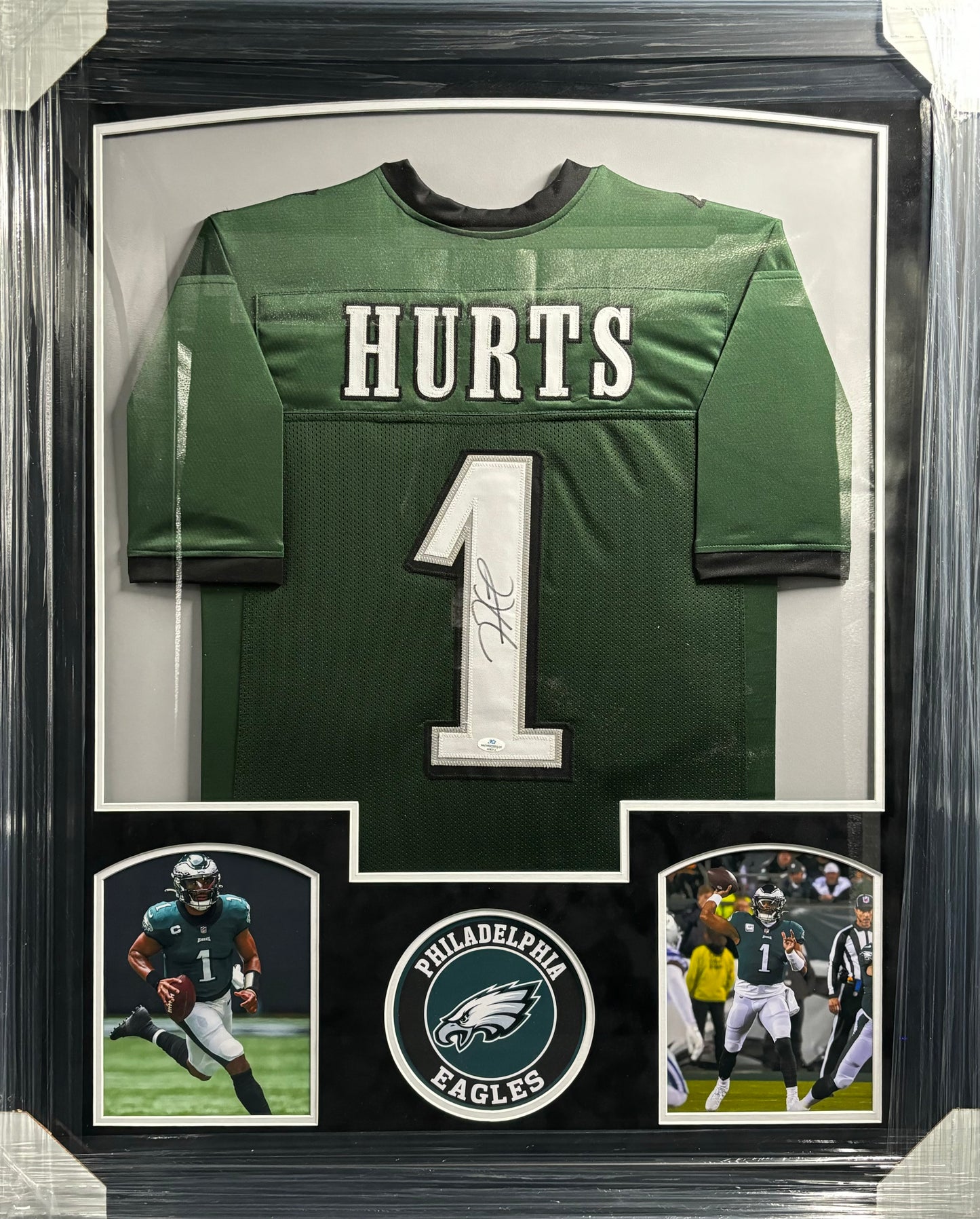 Philadelphia Eagles Jalen Hurts Hand Signed Autographed Custom Green Jersey Framed & Suede Matted with COA