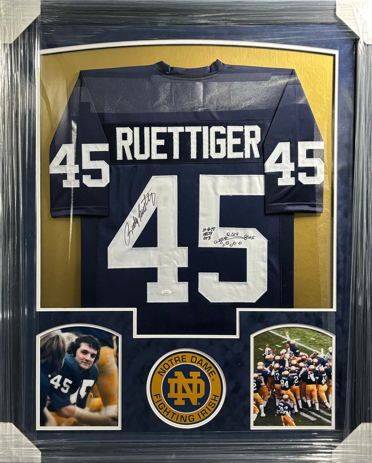 University of Notre Dame Fighting Irish Rudy Ruettiger Hand Signed Autographed Custom Blue Jersey with Game Play Inscription Framed & Suede Matted with JSA COA