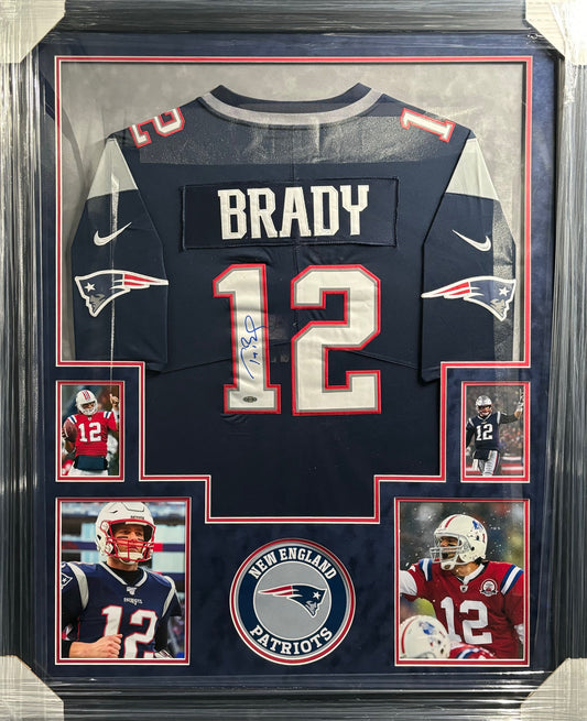 New England Patriots Tom Brady Hand Signed Autographed Blue Jersey Framed & Suede Matted with STEINER COA