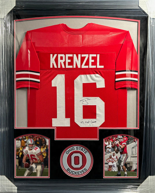 The Ohio State University Buckeyes Craig Krenzel Hand Signed Autographed Custom Red Jersey with 02 Nat'l Champs Inscription Framed & Suede Matted with COA