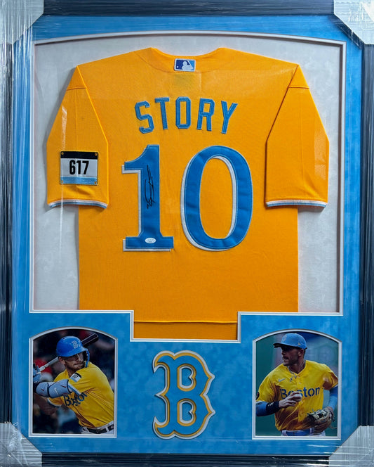 Boston Red Sox Trevor Story Hand Signed Autographed City Connect Authentic Jersey Framed & Suede Matted with 3D Logo JSA COA