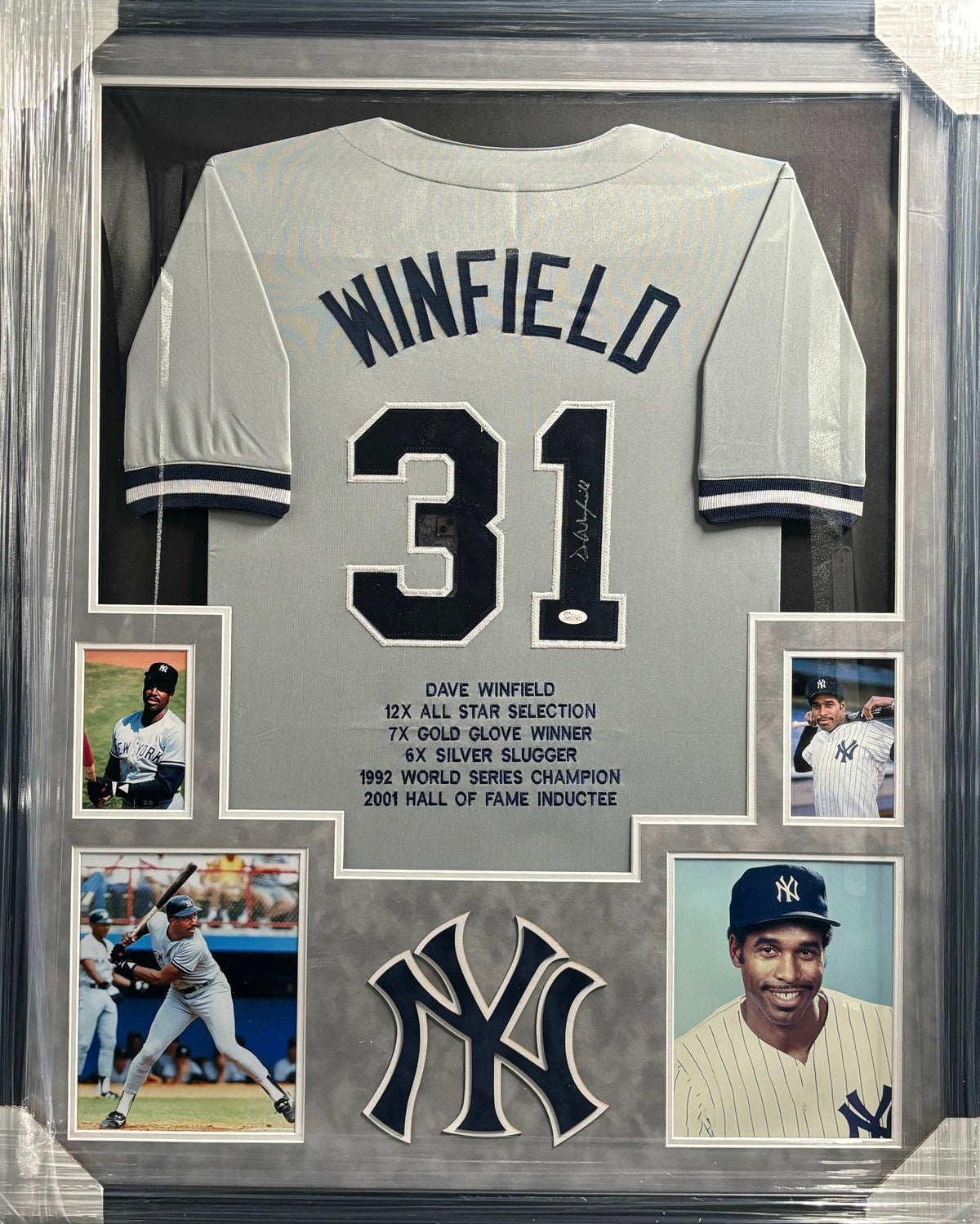 New York Yankees Dave Winfield Hand Signed Autographed Career Achievements Custom Stat Jersey Framed & Suede Matted with 3D Logo JSA COA
