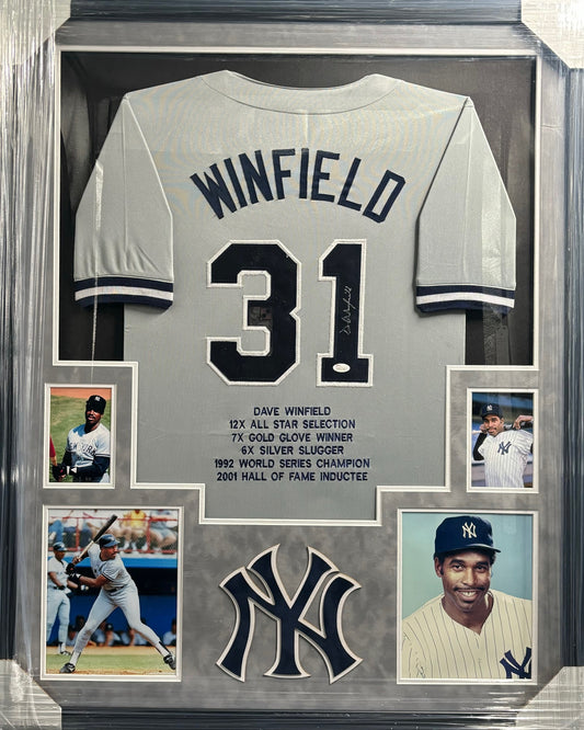 New York Yankees Dave Winfield Hand Signed Autographed Career Achievements Custom Stat Jersey Framed & Suede Matted with 3D Logo JSA COA