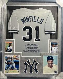 New York Yankees Dave Winfield Signed Career Achievements Stat Jersey Framed & Suede Matted with 3D Logo JSA COA