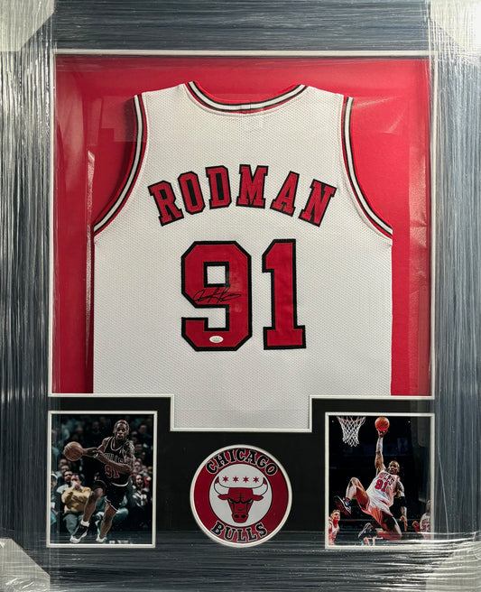 Chicago Bulls Dennis Rodman Hand Signed Autographed Custom White Jersey Framed & Matted with JSA COA