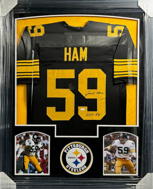 Pittsburgh Steelers Jack Ham Hand Signed Autographed Custom Black Jersey with HOF 88 Inscription Framed & Suede Matted with JSA COA